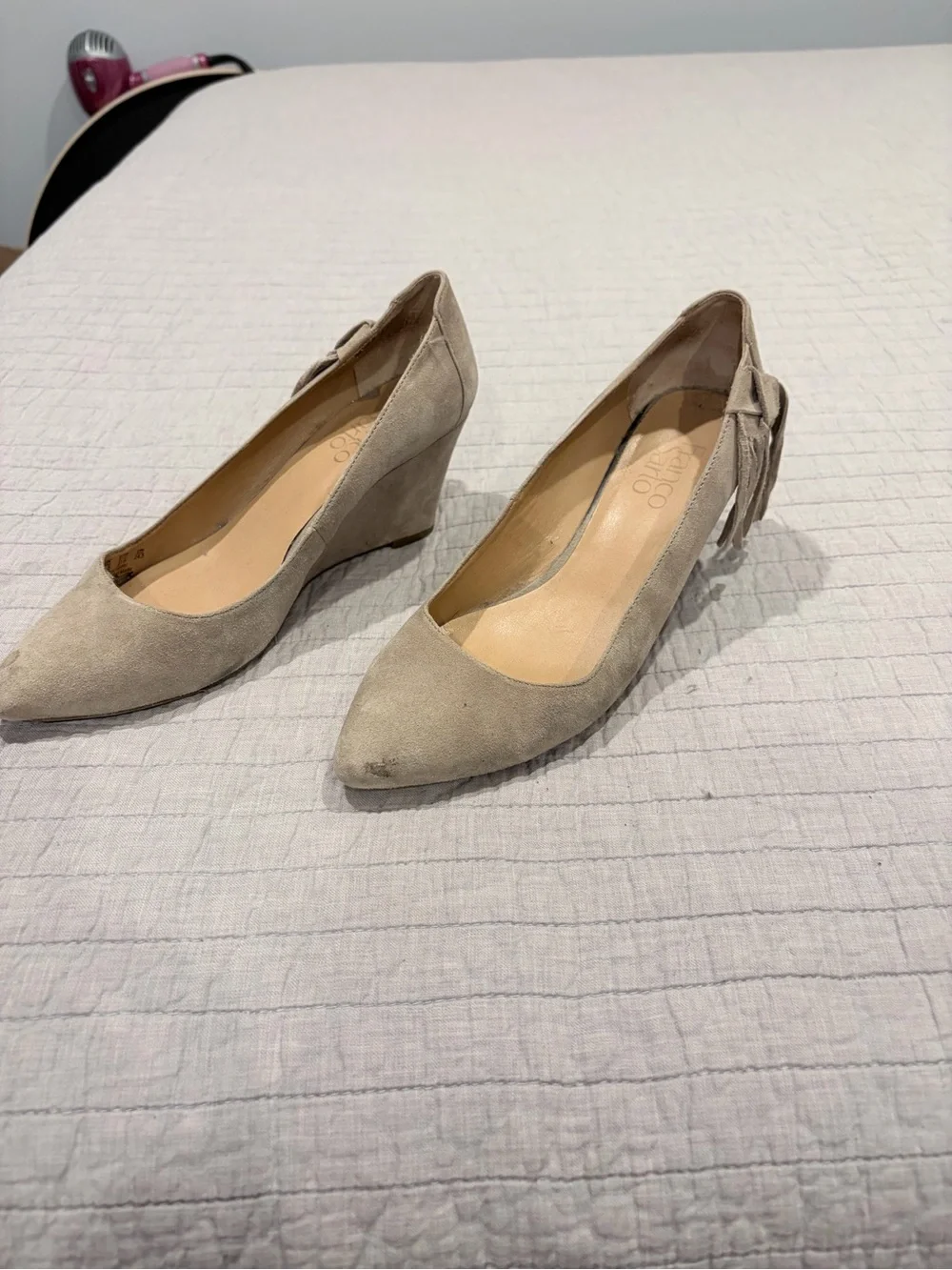 Franco Sarto Beige Suede Fringe Wedge Heels Pointed Toe Pumps Size 7.5